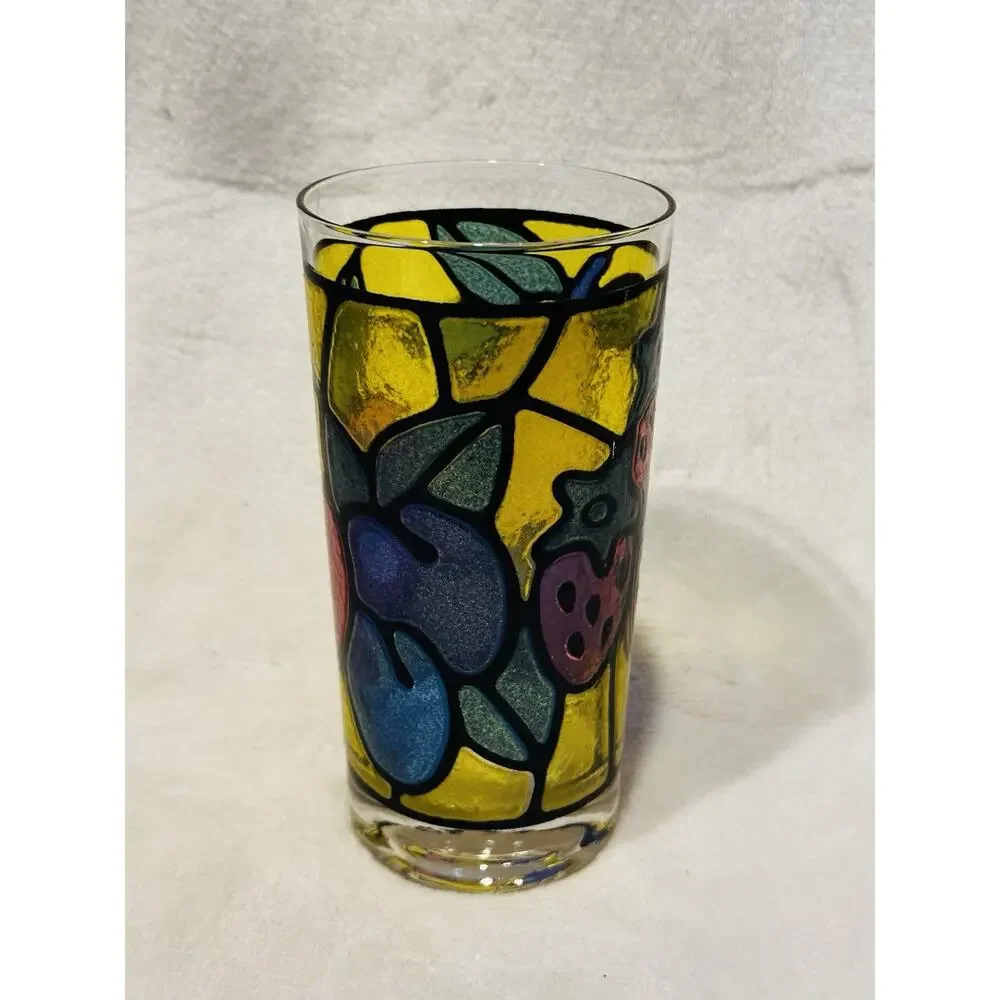 Vtg 60's 70's Tiffany Stained Glass Style Multi Colored Fruit OJ Cup Libbey